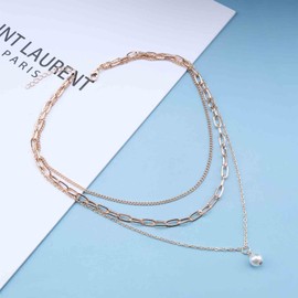 Erimberate Bohemian Pearl Pendant Necklace Chain Layered Paperclip Chain Necklace Vintage Pearl Collarbone Chain Necklace Gold Layered Necklace Chain Jewelry for Women and Girls