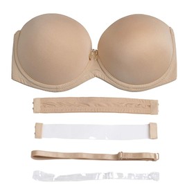 YBCG Women's Strapless Push up Padded Convertible Multiway Underwire Bra with Clear Strap for Dance Wedding Party Beige 34C
