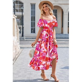 Linsery Women's Summer Square Neck Short Puff Sleeve Casual Smocked Flowy Boho Floral Milkmaid Dress Rose Red