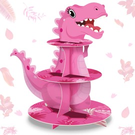 3 Tier Dinosaur Cupcake Stand Party Decorations Dinosaur Theme Cupcake Holder Decorations Dino Dessert Tower for Kids Boys Jungle Dino Theme Party Birthday Supplies (Pink)