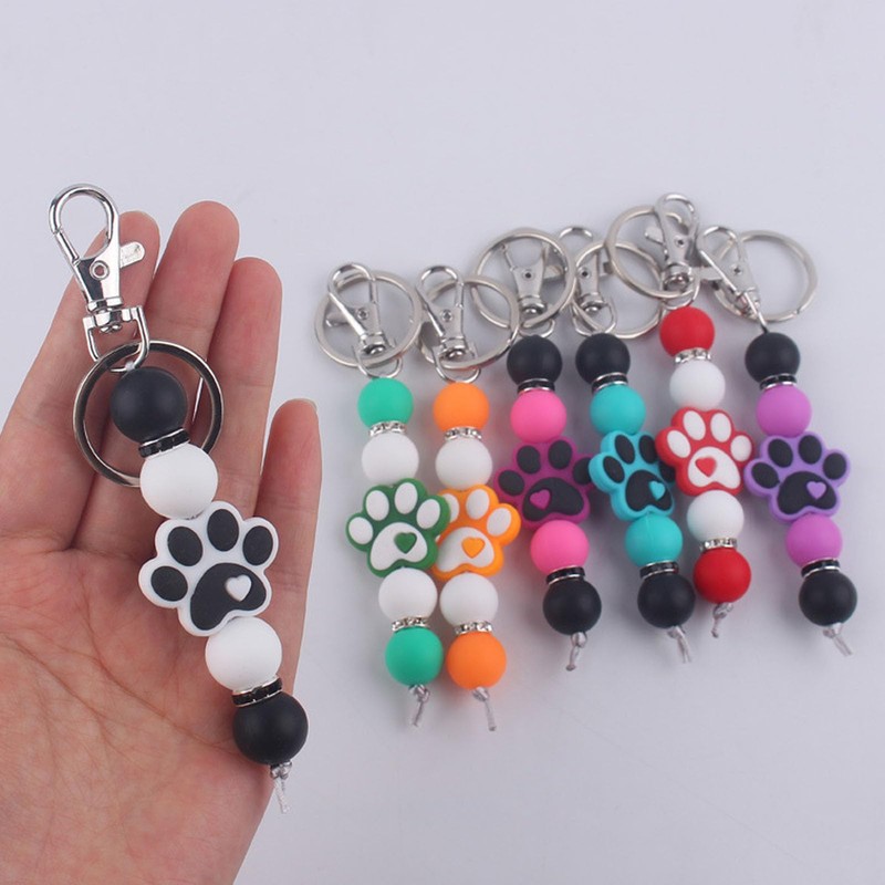 Phamines Silicone Bead Dog Paw Keychain Car Key Bag Accessories