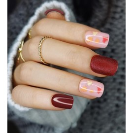 Kikmoya 24Pcs Fall Press on Nails Short Square Burgundy Fake Nails with Pink Maple Leaves Designs Glossy False Nails Autumn Nails Full Cover Stick on Nails for Women (Burgundy and Pink Maple Leaves)