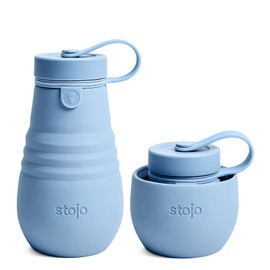 STOJO Jr Collapsible Bottle for Kids - Steel Blue, 14oz / 400ml - Leak-Proof Reusable Silicone Travel Cup for Hot & Cold Drinks -On-The-Go Camping & Hiking - Microwave & Dishwasher Safe