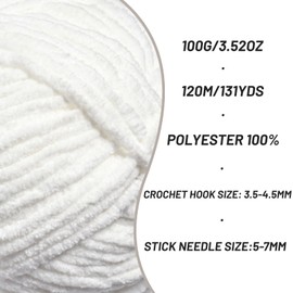 Plush Chenille Chunky Crochet Yarn - Baby Yarn for Crocheting Soft - Velvet Yarns Knitting for Blankets Crafts - Fluffy Amigurumi Yarns 100g / 131yd (Snow White)