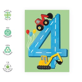 Central 23 Fourth Birthday Card for Boys - Happy 4th Birthday - Age 4 - Four Year Old - Tractors Greeting Card - Fun Construction Vehicle Themed Card for Kids - Son, Grandson - With Stickers