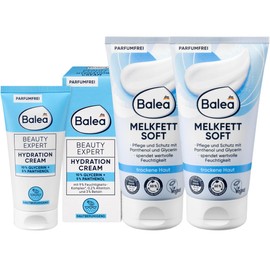 Balea 3er-Set Hautpflege: Gesichtscreme Beauty Expert HYDRATION CREAM beruhigende Feuchtigkeitspflege, 50 ml + MELKFETT SOFT für trockene Haut mit Panthenol & Glycerin, parfumfrei, 2 x 150 ml (350 ml)