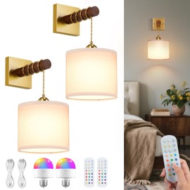 NookNova Rechargeable Battery Operated Wall Sconce Set of Two, 8000mAh Wireless Wall Sconces with RGB 15 Colors & Remote Control, Dimmable Wall Lamps for Living Room Bedroom, Gold