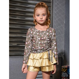 Girls Pleated Metallic Shorts Shiny Sparkle Ruffle Scooter Skater Dance Elastic Waist Rave Pants with Sunglasses for 12 13Y Gold