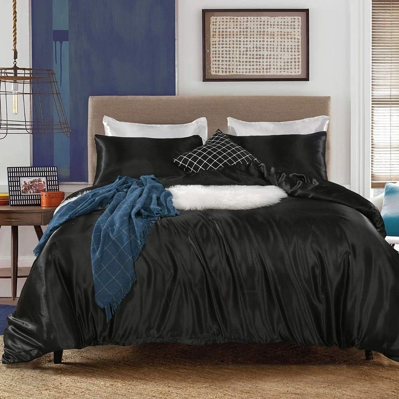 Fashion Black Duvet Cover Set Double Size Silk Like Satin