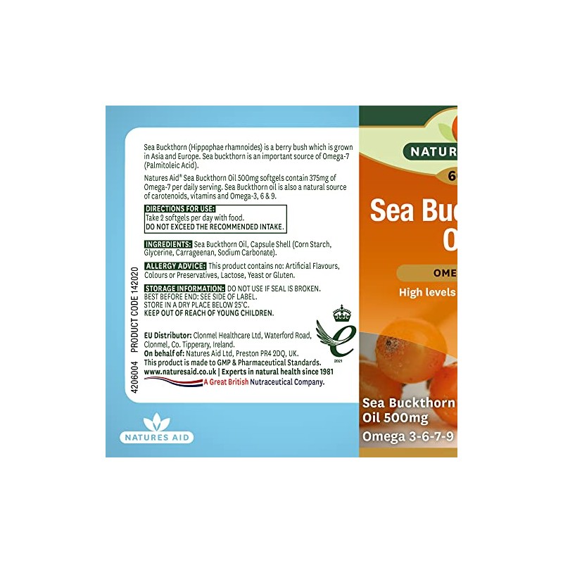 Natures aid 100% Pure Omega-7 Sea Buckthorn Oil 500mg, 60