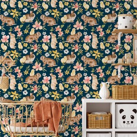 Meihodan Bunny Chick Peel and Stick Wallpaper Animal Rabbit Floral Self Adhesive Wallpaper Removable Contact Paper for Home Wall Decor 17.7in x 9.8ft