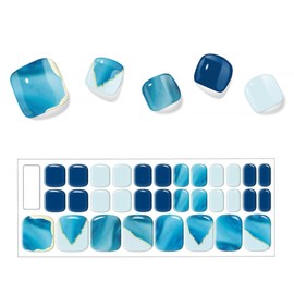 Gel Nail Stickers, Hardening Type, Foot Nail Stickers, Set of 32, Just Stick, Glitter, Cute, Stick, Self-Removal, Long Lasting Manicure, Women's, Seaside Photography (Ocean Blue)