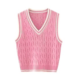 RefindWin Women's Casual V Neck Cable Knit Sweater Vest Solid Sleeveless Tank Tops Women Vest 2024 Pink M