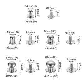 sourcing map 4/5/6/7/8mm Ball Head Stud Rivets Screw Back, 50Pack Round Head Button Nipple Rivet for DIY Leather Craft Handbag Belt, Silver Tone