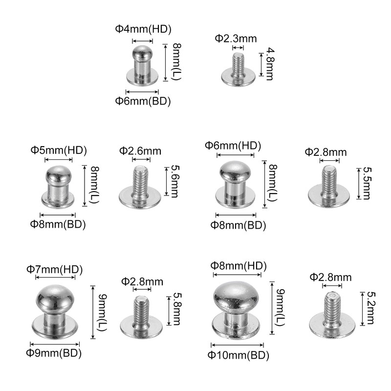 sourcing map 4/5/6/7/8mm Ball Head Stud Rivets Screw Back, 50Pack