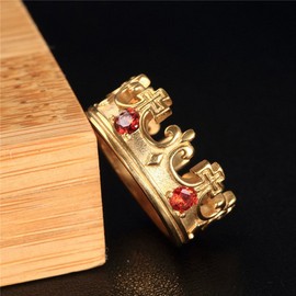 SINLEO Mens Womens Stainless Steel Vintage Royal King Crown Ring Cross Band Ruby Black Gemstone Gold with CZ Size 13