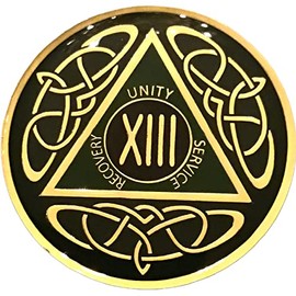 13 Year Celtic AA Medallion - Irish Gaelic Green and Gold Alcoholics Anonymous, Sobriety Chip, Token, Coin
