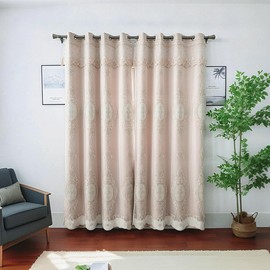 Amidoudou 1 par de cortinas europeas de doble capa con cenefas para sala de estar, recámara, cortinas bordadas de flores 3D de lujo (caqui, 52 x 90 pulgadas)