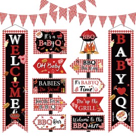 13pcs BBQ Baby Shower Decorations Baby Q Banner Welcome Baby Door Banner Porch Sign Rustic BBQ Party Signs Summer Picnic Barbecue Party Decorations Supplies for Gender Reveal
