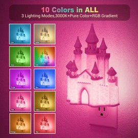 JandCase Night Lights Plug into Wall,3D Printed Castle RGB Night Light,10-Color Change Night Light,Dimmable Nightlights with Dusk to Dawn Sensor for Rooms Bathroom Hallway