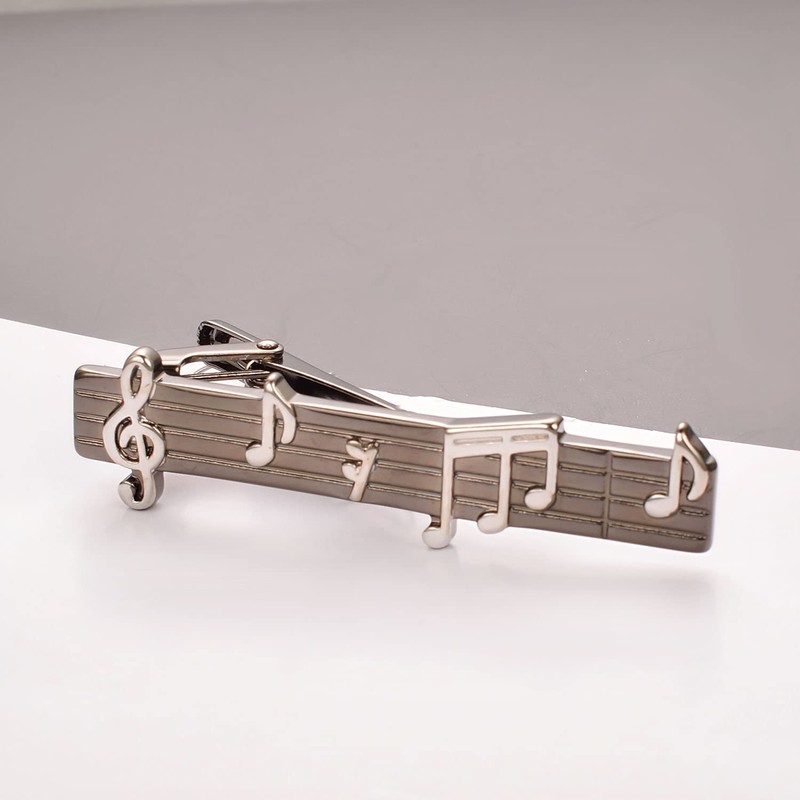 RunootPR 2-piece Set Men's Music Note Tie Clip, Silver Black