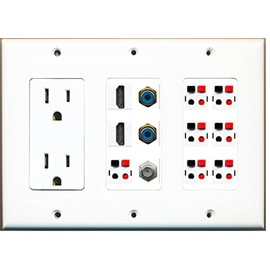 RiteAV - (3 Gang 15A Power Outlet 2 HDMI Coax 2 RCA Blue 7 Speaker Jack Wall Plate White