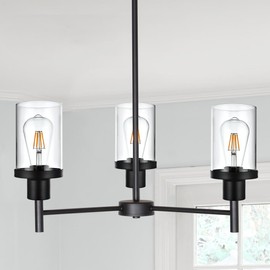 PRYNDON 3-Light Farmhouse Chandelier Kitchen Island Lighting Fixture in Black Finish Industrial Hanging Pendant Lamp with Cylinder Clear Glass Shade for Dining Room Living Room
