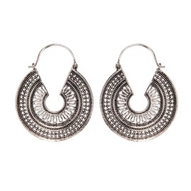 81stgeneration Women's Silver Tone Brass 40 mm C-Shape Aztec Egyptian Tribal Dotwork Hoop Earrings