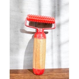 Wooden Massage Roller with Textured Handle, Red Acupressure Body Massager Tool