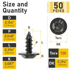 Valorada 50Pcs 3.9 x 10mm Wood Screws Truss Head Stainelss Steel 304 Black Self Tapping Screws for Metal