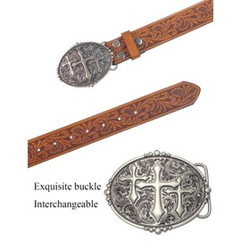 TOPACC Brown Leather Western Belt for Women Cowgirl Cowboy Religious Cross Buckle Country Belt for Jeans Pants Outfit Rodeo