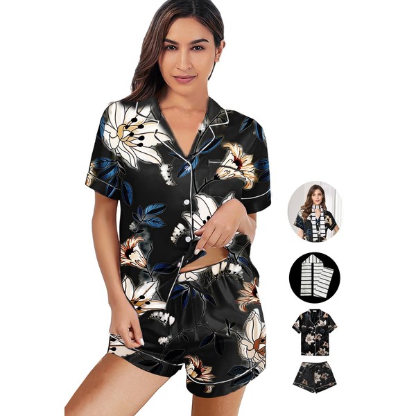 WJing Yi Jia Womens 3Pcs Satin Pajamas Set Floral Silk