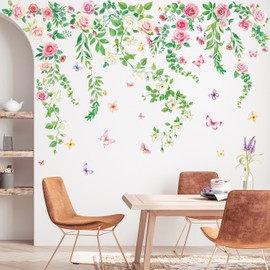 SHUCHING Pegatinas de Pared Rosal Enredadera Colgante Grande, Vinilos Decorativos Enredadera Verde Flor Rosa, Adhesivos Pared Salon Dormitorio Cocina Baño