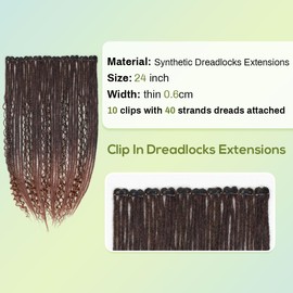Pouweney 24inch 10PCS Clip in Dreadlock Extensions Full Sets,40 Strands Black/auburn Synthetic Clip-in Dreads Extensions for Women,100% Handmade Soft Thin 0.6cm Width Dreadlocks.