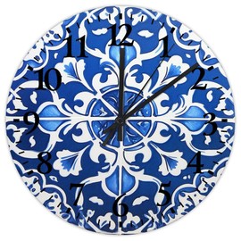 15" Silent Non-Ticking Wall Clocks Battery Operated Blue And White Porcelain Floral Wall Decor for Kids Room Russian Folk Cultural Accent Vintage Round Wooden Wall Clock Vintage for Daycare Restaurant