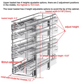 DINDON Pull Out Cabinet Organizer (7-1/2" W x 21-1/2"D), Cabinet Pull Out Shelves, 2 Tier Pull Out Drawers for Kitchen Cabinets, Wire Basket Slide Out Shelf for Cabinet Organization