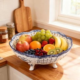 LINYTHER Ceramic Fruit Bowl With Holes, Blue And White Porcelain Footed Bowl Fruit Plate Ceramic Candy Fruit Container, Chinoiserie Decorative Bowls Decor For Kitchen Counter Table Centerpieces