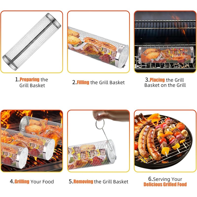 2PCS Rolling Grill Basket, Removable Wooden Handle, 304 Stainless Steel