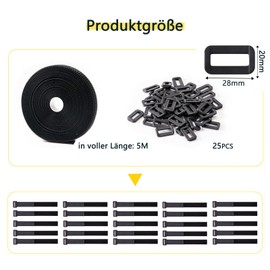 GripZz Reusable Velcro Tape, 2 cm x 5 m with 25 Buckles Roll, Adjustable Cable Straps with Loops, Hook Tape for Cutting to Size, for Cable Management and Storage