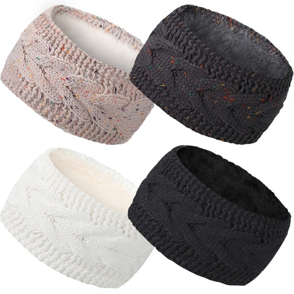 4 Pieces Women Winter Knitted Headband Fuzzy Lined Ear Warmer Confetti Headbands (Multi-Color)