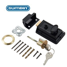 SUMBIN Night Latch Deadbolt Rim Lock,Antique Locks with Keys for Front Door in Black Finish