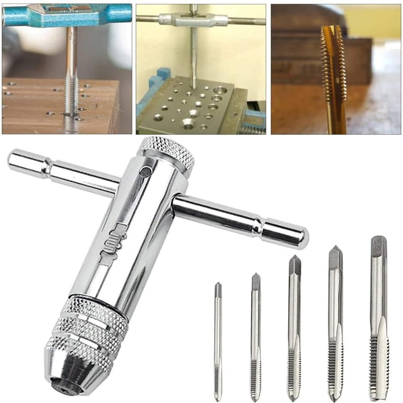 Puedno Adjustable T-Handle Ratchet Tap, M3-M8 Threading Wrench Set, Machine