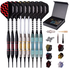 Darts Plastic Tip - Professional Soft Tip Darts Set for Electronic Dartboard 9 Pcs 18 Grams with 50 Extra Tips 9 Shafts 27 Flights Tool Kit Flight Protectors and Gift Case (Blue)