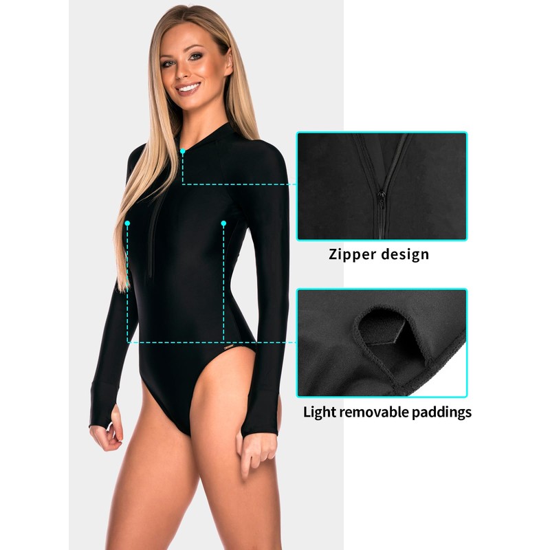RELLECIGA Women's Black Long Sleeve Rash Guard One Piece X-Large