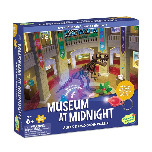 Peaceable Kingdom Museum at Midnight – 100-Pc. Seek & Find Glow Puzzle for Kids Ages 6 & Up – Included Blacklight Reveals Hidden Items – Great for Home or Classrooms