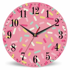 Mxocom Pink Donut Glaze Wall Clock Ice Cream Chocolate Colorful Sprinkles 10 Inch Silent Non Ticking Battery Operated Clock Vintage Round Clock for Living Room Bedroom Bathroom Office Decor