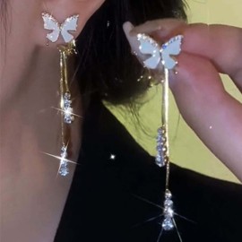 Atentuyi Cz Butterfly Earrings Gold Butterfly Ear Jacket Earrings Butterfly Stud Earrings Rhinestones Drop Earrings Long Chain Earrings Long Tassel Dangle Earrings Jewelry for Women and Girls