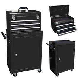 BIG RED Rolling Garage Workshop Organizer: Detachable 3 Drawer Tool Chest with Large Storage Cabinet and Adjustable Shelf, Black