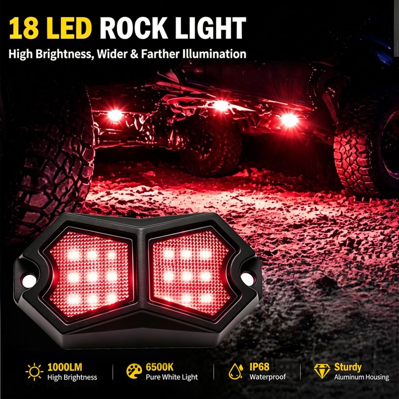 MDEOOSKY 6 Pods Red Rock Lights 18 LEDs Chips Waterproof