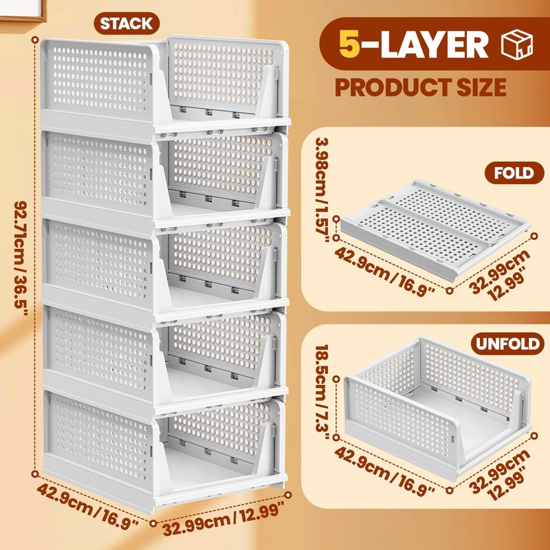Mavivegue 5 Pack Stackable Closet Storage, Plastic Drawer Basket,Closet Organizers